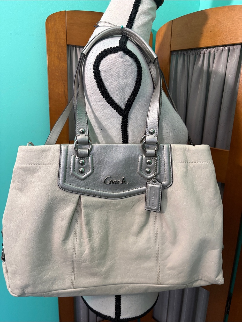 Coach Ashley Carryall Ivory Satchel with Silver Accents